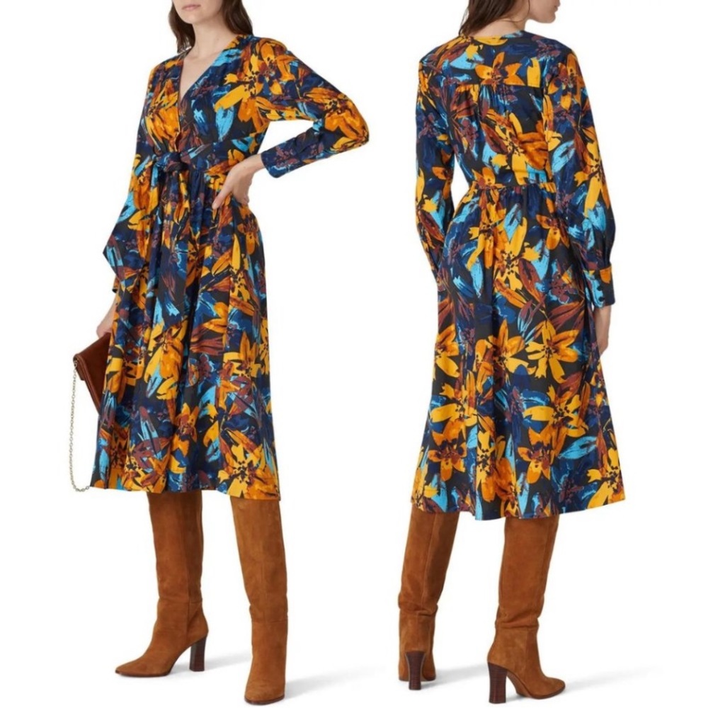 Marissa Webb Blue/Yellow Floral Printed Midi Cotton Long Sleeve Shirtdre…